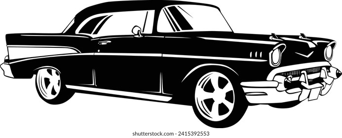 Black and white drawing of a vintage car