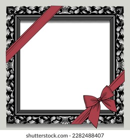 Black and white drawing of vintage decorative square frame tied with red ribbon in vintage engraving style isolated on white. Retro concept poster and 
banner. Vector illustration