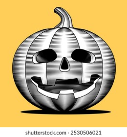 Black and white drawing in vintage engraving style of a halloween pumpkin with carved eye sockets and a smiling mouth isolated on yellow background. Vector illustration