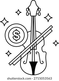 Eine schwarz-weiße Zeichnung einer Geige mit einem Dollarzeichen daneben. Das Dollarzeichen ist auf der linken Seite der Geige und die Geige auf der rechten Seite. Die Zeichnung hat eine einfache