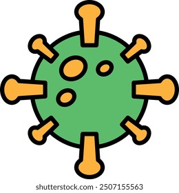 A black and white drawing of a virus with a white background. The virus is surrounded by a circle of spikes