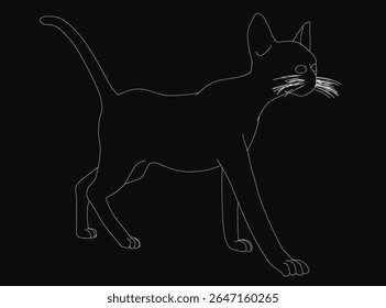 A black and white drawing of a walking cat outlined in white against a dark background, with detailed fur and expressive features clearly visible. The minimalist style highlights the cat's graceful.