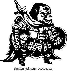 Black or white drawing of a warrior character with sword, cape, shield and armor. Vector art. Outline. Comic art.