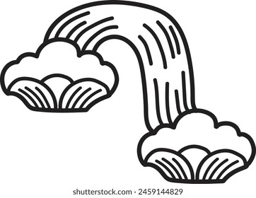 A black and white drawing of a waterfall with clouds in the background. The waterfall is curved and he is flowing down a hill. The clouds in the background are fluffy and white