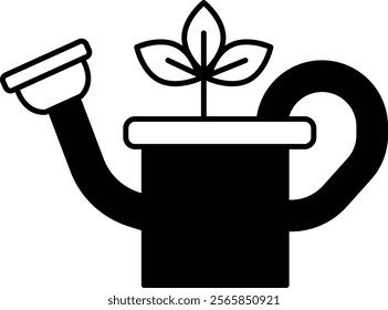 A black and white drawing of a watering can with a plant in it. The plant is a small green leaf