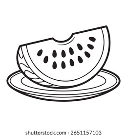 A black and white drawing of a watermelon slice on a plate, featuring seeds. Simple, minimalist design for summer, food, and healthy eating themes.