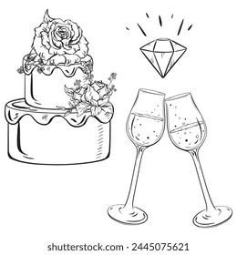 a black and white drawing of a wedding cake , champagne glasses , and a diamond