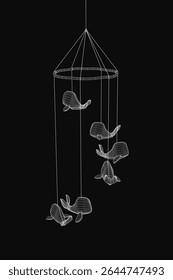 A black and white drawing of a whale mobile hanging from a string, featuring several whales in various sizes and vibrant colors arranged in a circular pattern.