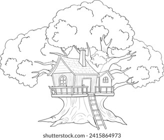 Black and white drawing of a whimsical treehouse