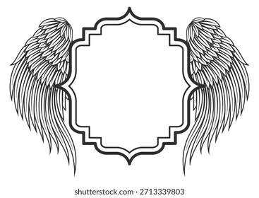 Un dibujo en blanco y negro de un marco alado con un fondo blanco