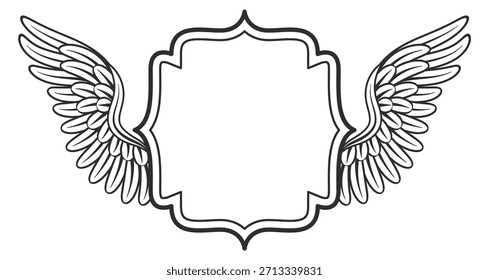 Un dibujo en blanco y negro de un marco alado con un fondo blanco