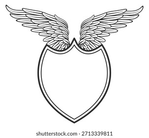 Un dibujo en blanco y negro de un escudo alado con un corazón en el centro