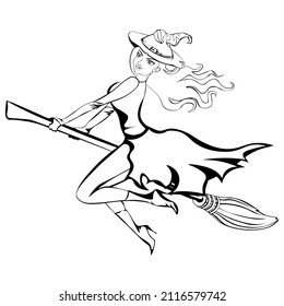 Black and white drawing of a witch flying on a broom for coloring book. Baba Yaga. Vector illustration