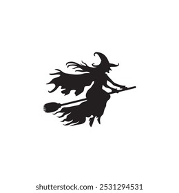 A black and white drawing of a witch vector illustration of a witch silhouette on a flying broom