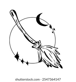 A black and white drawing of a witch's broom