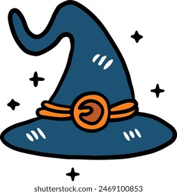 A black and white drawing of a wizard hat with a white star on it. The hat is drawn in a cartoon style and has a black and white color scheme