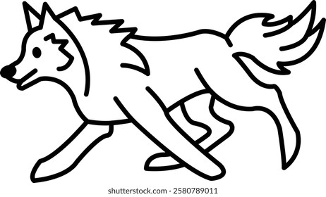 A black and white drawing of a wolf running. The wolf has a happy expression on its face