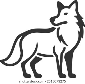 Un dibujo en blanco y negro de un lobo de pie sobre un fondo blanco. El lobo tiene una expresión muy seria y enfocada en su rostro