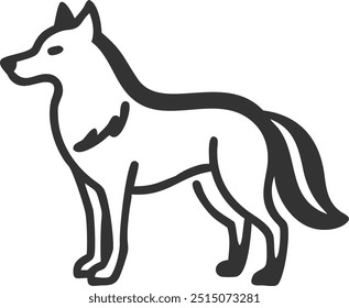 A black and white drawing of a wolf standing on a white background. The wolf has a long tail and he is looking to the right