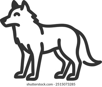 A black and white drawing of a wolf standing on a white background. The wolf has a happy expression on its face