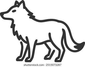 A black and white drawing of a wolf standing on a white background. The wolf has a long tail and he is looking to the right