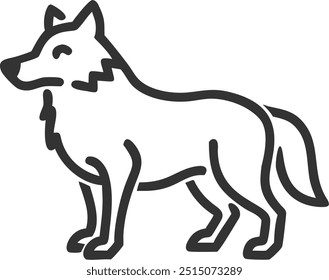 A black and white drawing of a wolf standing on a white background. The wolf is looking to the right