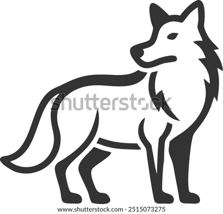 A black and white drawing of a wolf standing on a white background. The wolf has a very serious and focused expression on its face