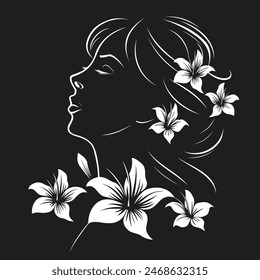 Black  white drawing of woman with flowers, symbolizing plant, art, darkness