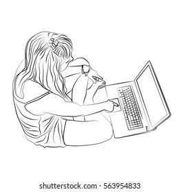 Black and white drawing of a woman sitting with a laptop on the floor vector