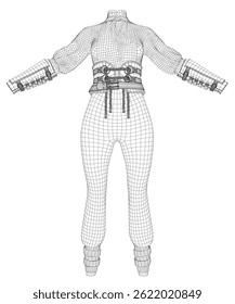 A black and white drawing of a woman's clothes with a white background. The drawing is of a costume, and the outfit is very detailed.