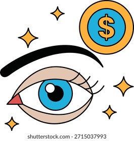 Eine schwarz-weiße Zeichnung des Auges einer Frau mit einem Dollarzeichen in der Ecke. Das Dollarzeichen ist über dem Auge platziert und von einem Kreis umgeben. Die Zeichnung hat einen einfachen und minimalistischen Stil