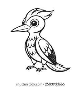 A black and white drawing of a woodpecker bird