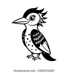 A black and white drawing of a woodpecker bird
