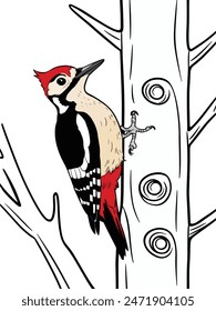 A black and white drawing of a woodpecker with a long beak perched on a tree trunk with grooves running vertically.