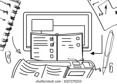 black and white drawing working area computer with notebooks and completed tasks sketch. school theme, education, notebook, notepad, pen. line art. banner on the school theme. school sticker