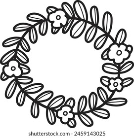 A black and white drawing of a wreath with flowers. The wreath is made of leaves and flowers, and it is surrounded by a circle. The flowers are small and scattered throughout the wreath