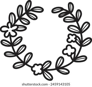 A black and white drawing of a wreath with flowers. The wreath is made of leaves and flowers, and it is surrounded by a circle. The flowers are small and scattered throughout the wreath