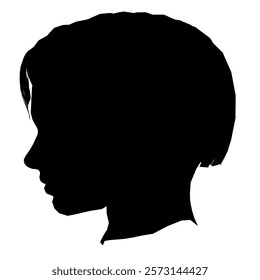 Black and white drawing of a young girl's head. The girl has short hair and a small nose