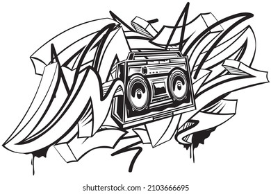 Black and white drawn boom box and graffiti arrows