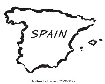 Black and white drawn Map of Spain borders. EPS vector outline graphic.
