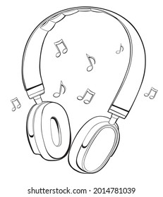 Black and white drawn musical headphones and notes outline design