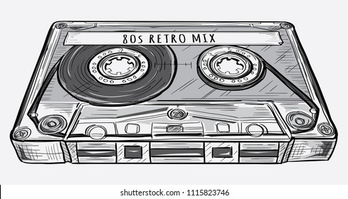 Black and white drawn retro audio cassette