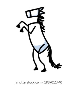 Black and white drawn stick figure of cowboy horse clip art. Wild country stallion for monochrome rodeo folk icon sketch note or illustrated scrapbook vector silhouette motif. 
