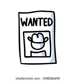 Black and white drawn stick figure of cowboy wanted poster clip art. Wild masculine criminal for monochrome folk icon sketchnote or illustrated scrapbook vector silhouette motif. 