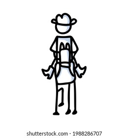 Black and white drawn stick figure of cowboy horseback rider clip art. Wild masculine stallion for monochrome folk icon sketchnote or illustrated scrapbook vector silhouette motif.