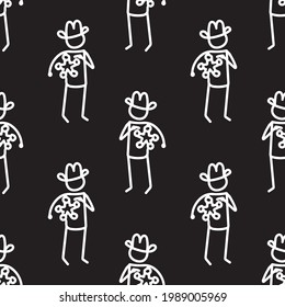 Black and white drawn stick figure of cowboy sheriff western clip art. Wild masculine police for monochrome folk icon sketchnote or illustrated scrapbook vector silhouette motif.