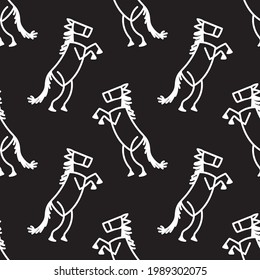Black and white drawn stick figure of cowboy horse clip art. Wild masculine stallion for monochrome folk icon sketchnote or illustrated scrapbook vector silhouette motif. 