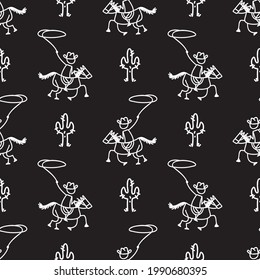 Black and white drawn stick figure of horseback cowboy with lasso clip art. Wild masculine cactus plant for monochrome folk icon sketchnote or illustrated scrapbook vector silhouette motif. 