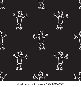 Black and white drawn stick figure of cowboy with drink clip art. Wild masculine bar plant for monochrome folk icon sketchnote or illustrated scrapbook vector silhouette motif. 