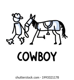 Black and white drawn stick figure of cowboy horse text. Wild masculine stallion for monochrome folk icon sketchnote or illustrated scrapbook vector silhouette motif. 